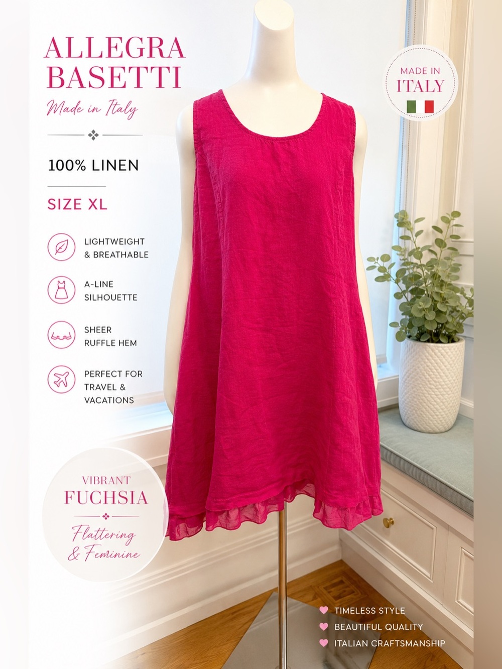 Allegra Basetti Italian Linen Fuchsia A-Line Dress XL